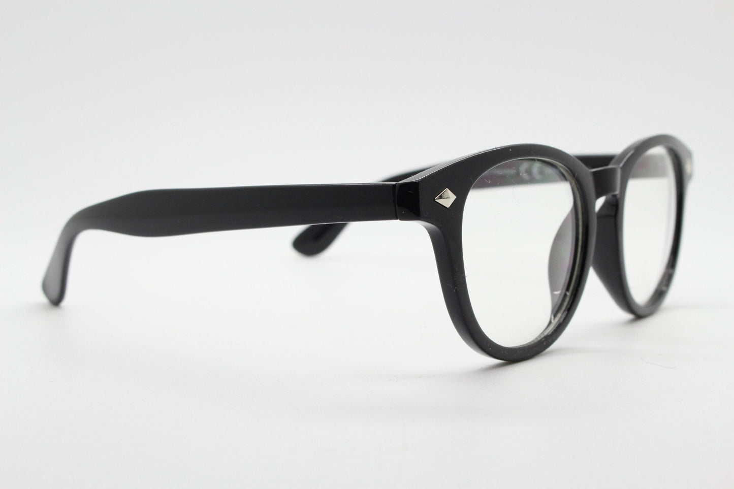90s vintage modified wayfarer design glasses. Black gloss 40s, 50s shape optical frames with clear lenses. Prescription eyeglasses. NOS