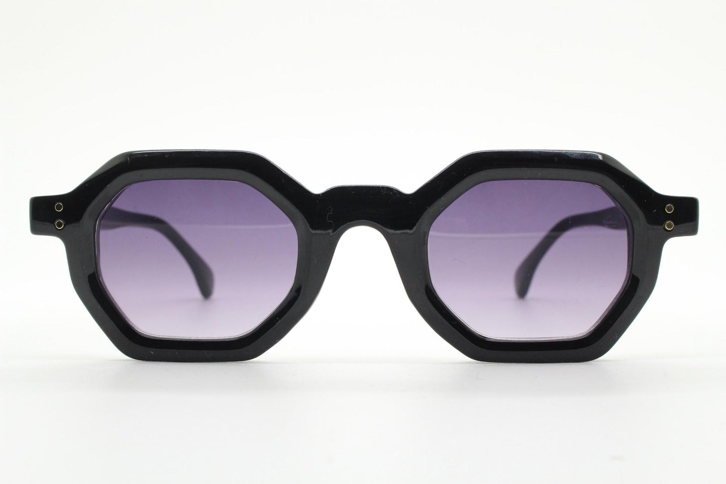 90s vintage hexagon sunglasses. 6 sided black 60s design gloss low profile frame with graduating lenses. BNWT. NOS Octagon