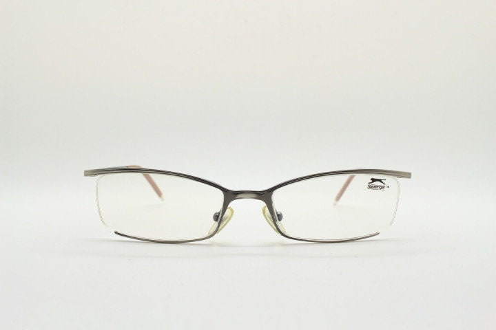 Slazenger 90s vintage rectangular eye glasses. Minimal low profile tech style optical frame in satin finish pewter look. Prescription RX