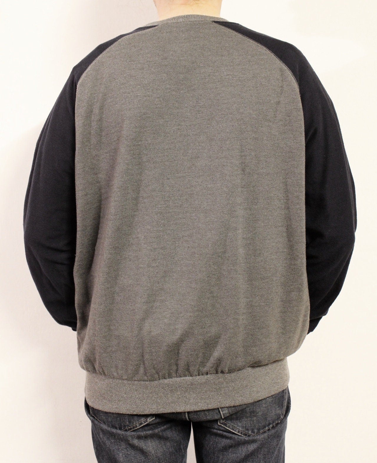 Grey paisley sweatshirt with navy blue sleeves. Mens crew neck pullover. Fitted round neck jumper size medium