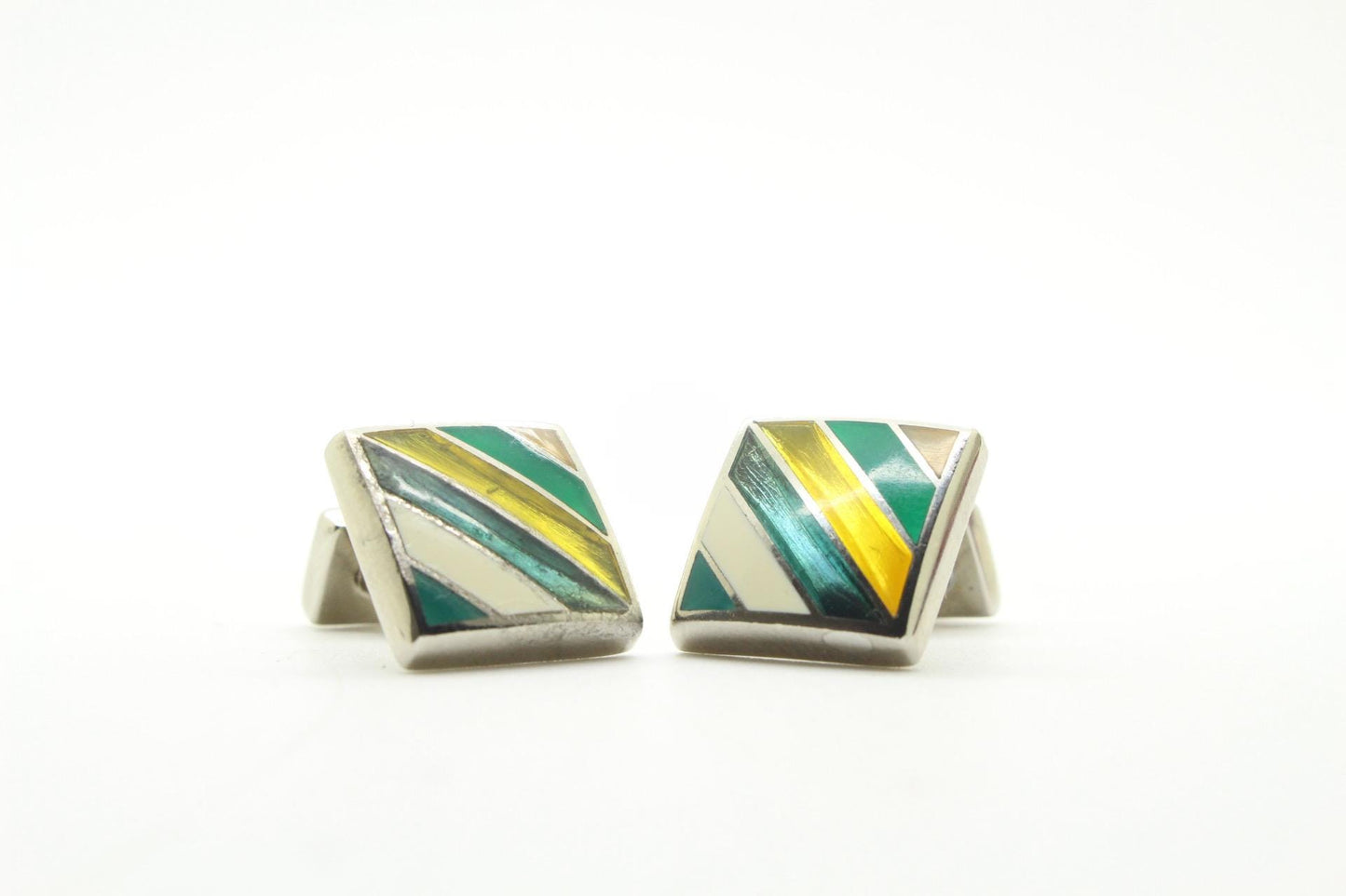 Thomas PInk vintage square cuff links made in England. Solid metal construction with enamel stripes in green and yellow tones. Unused NOS