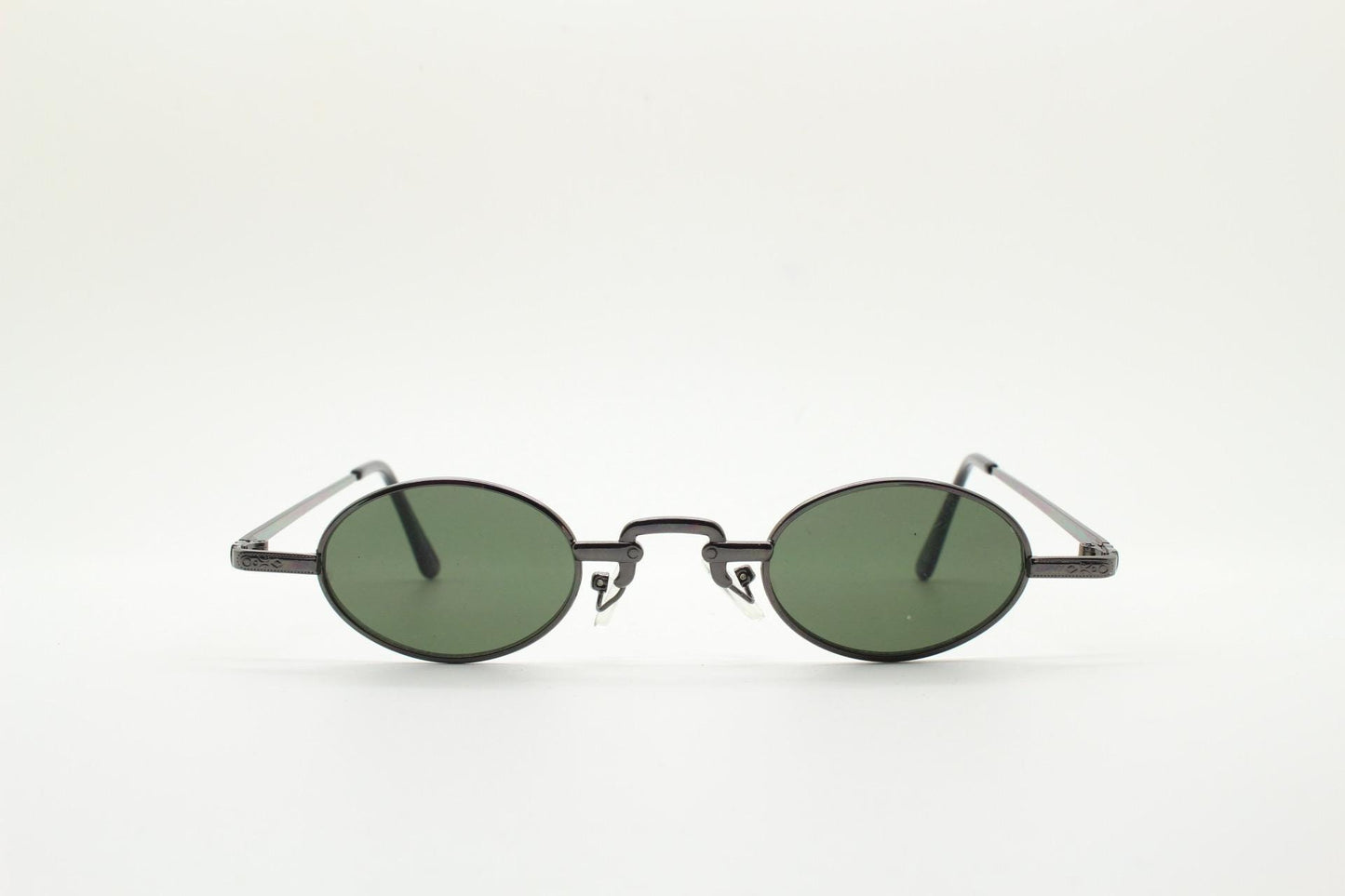 90s vintage small oval sunglasses. Imposing minimal grey metal victorian style frame with green lenses. Steampunk. Micro. Unused NOS