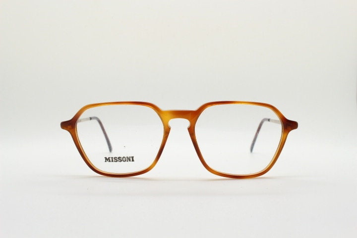 Missoni 90s vintage square hexagon eye glasses made in Italy. Transparent brown optical frames with enamel tiger arms. Prescription RX NOS