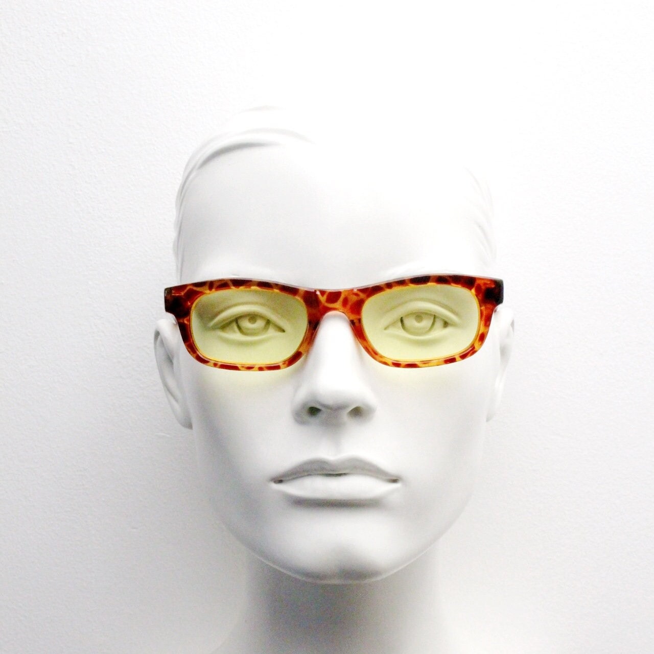 80s vintage rectangular sunglasses. Low profile 60s design tortoise frame with psychedelic light tone canary yellow lenses. BNWT Unused NOS
