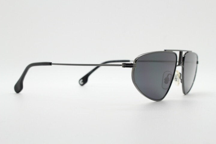 Carrera 90s vintage triangular aviator sunglasses model 1021/S. Gunmetal grey chrome flat top metal frame aviators with black lenses
