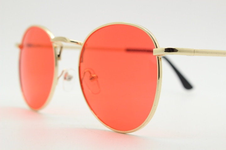 90s vintage round metal sunglasses, 60s style gold frame with blazing red lenses. Unused. Unused NOS Panto