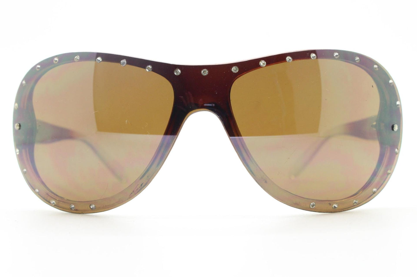 Y2K vintage visor aviator sunglasses with diamante. Brown wrap around mini mask shield design with curved mono lens. 2000s NOS. Rhinestone