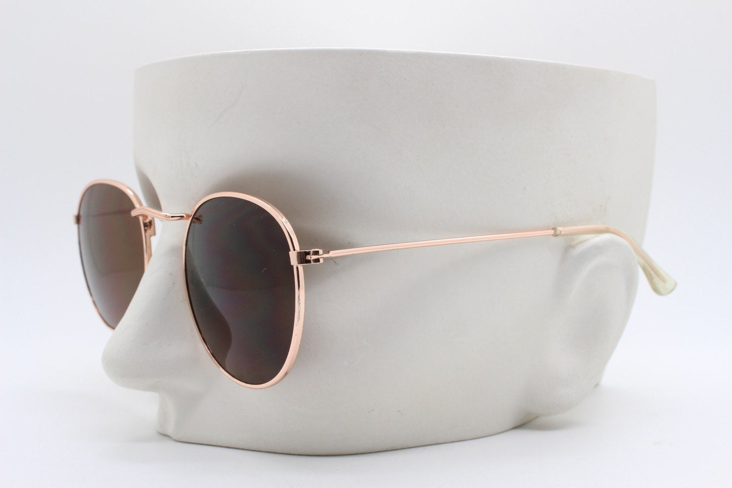 90s vintage round metal sunglasses, 60s style rose gold frame with brown lenses. NOS panto