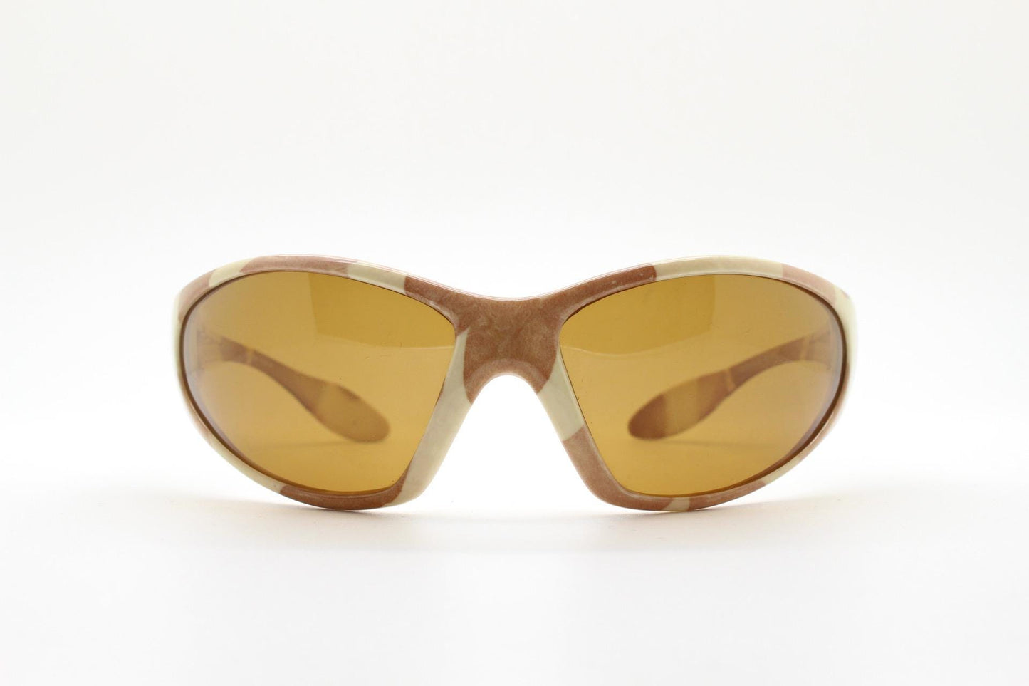 90s vintage big sport shield sunglasses. Wrap around bug eye frame with desert cammo print. 2000s. Camouflage NOS. Ravers fashion grail