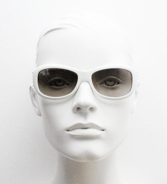 Valentino Y2k vintage wrap around bug eye sunglasses. Curving white acetate shield frame with orange and diamante stones. 2000s. Rhinestone