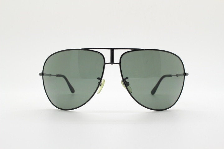 Loewe vintage aviator sunglasses in a tall black gloss frame with dark green lenses. Mens large teardrop pilot aviators. Y2K New Old Stock
