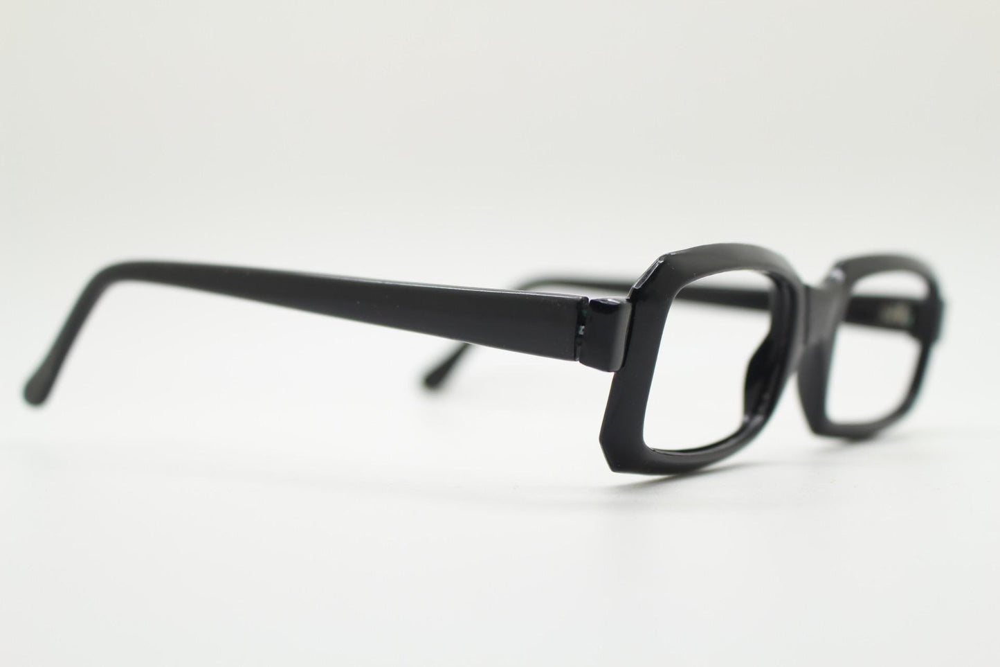 90s vintage black rectangular eye glasses. Thick framed low profile gloss acetate spectacles. Prescription optical eyeglasses. RX. NOS