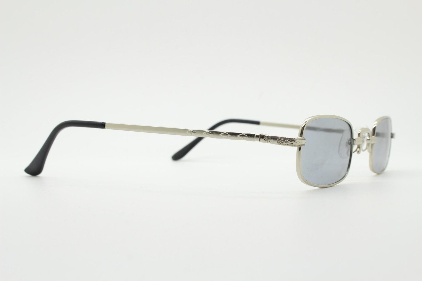 90s vintage small rectangular sunglasses. Imposing minimal silver victorian style frame with grey lenses. Steampunk. Unused NOS