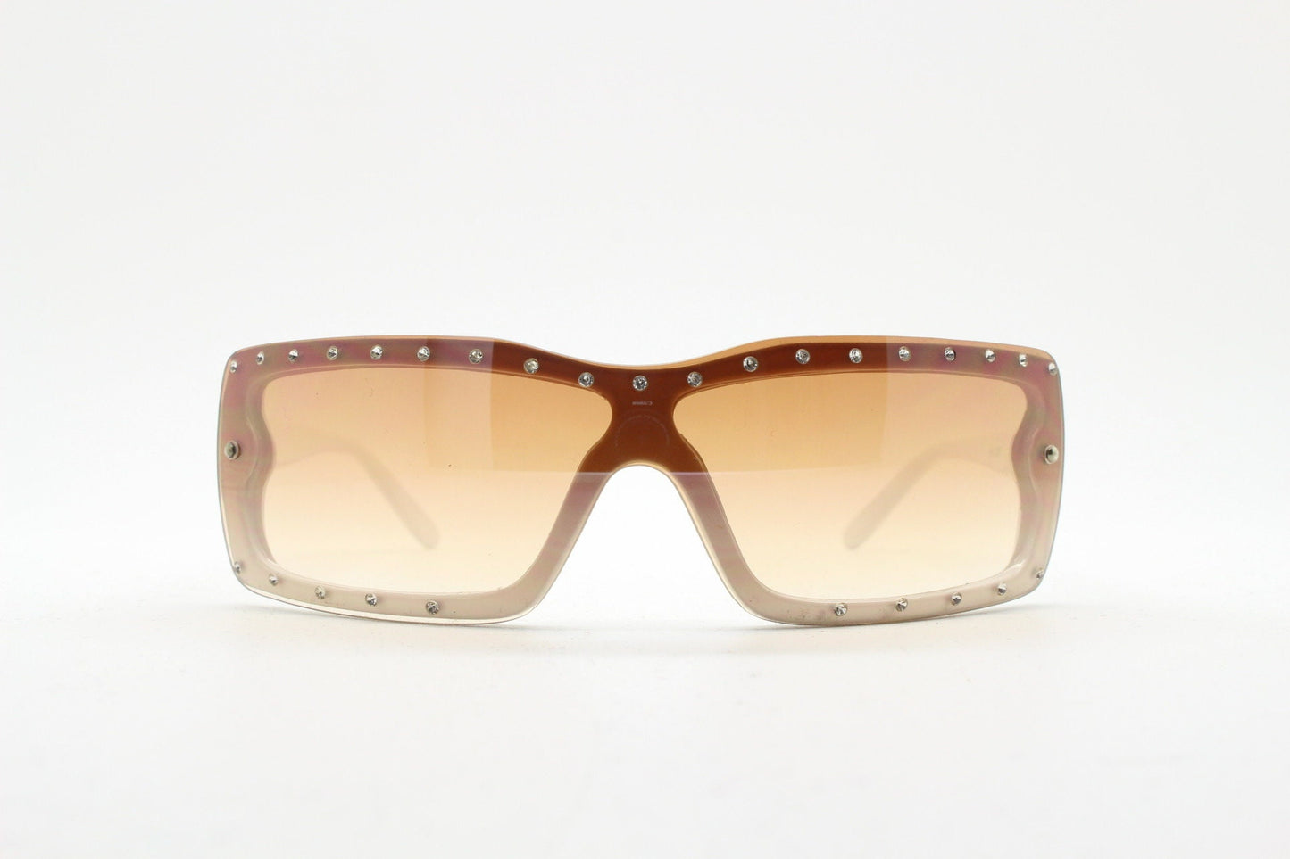Y2K vintage shield sunglasses with diamante. Brown and white wrap around mini mask style with curved mono lens. 2000s unused NOS. Visor