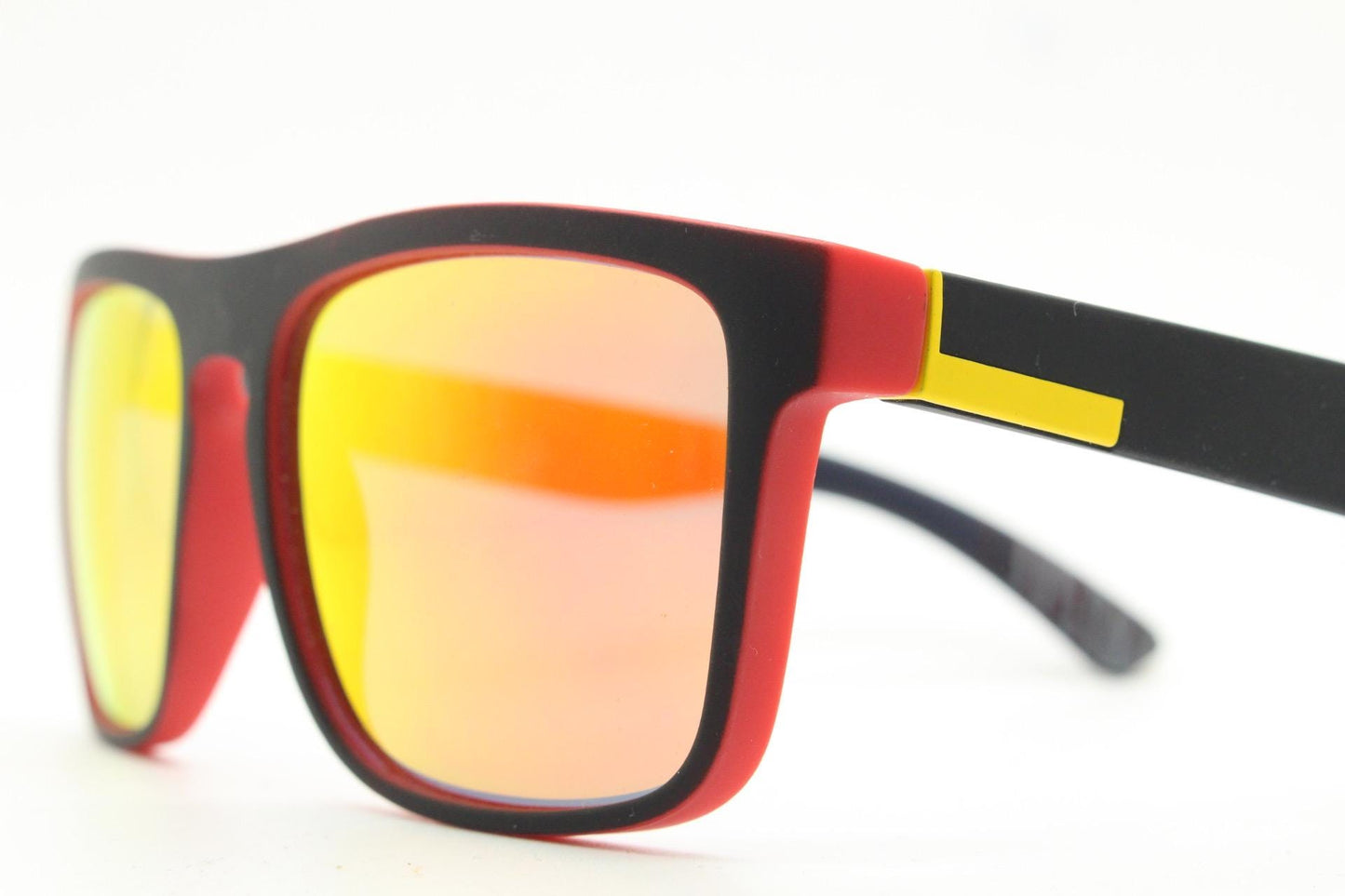 Y2K vintage rectangular sunglasses. Black and orange rubber finish frame with intense gold mirror lenses. Modified wayfarer. 2000's NOS