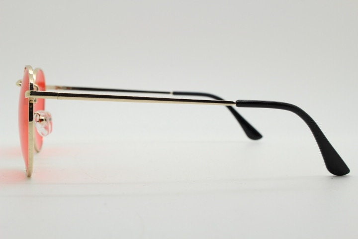 90s vintage round metal sunglasses, 60s style gold frame with blazing red lenses. Unused. Unused NOS Panto