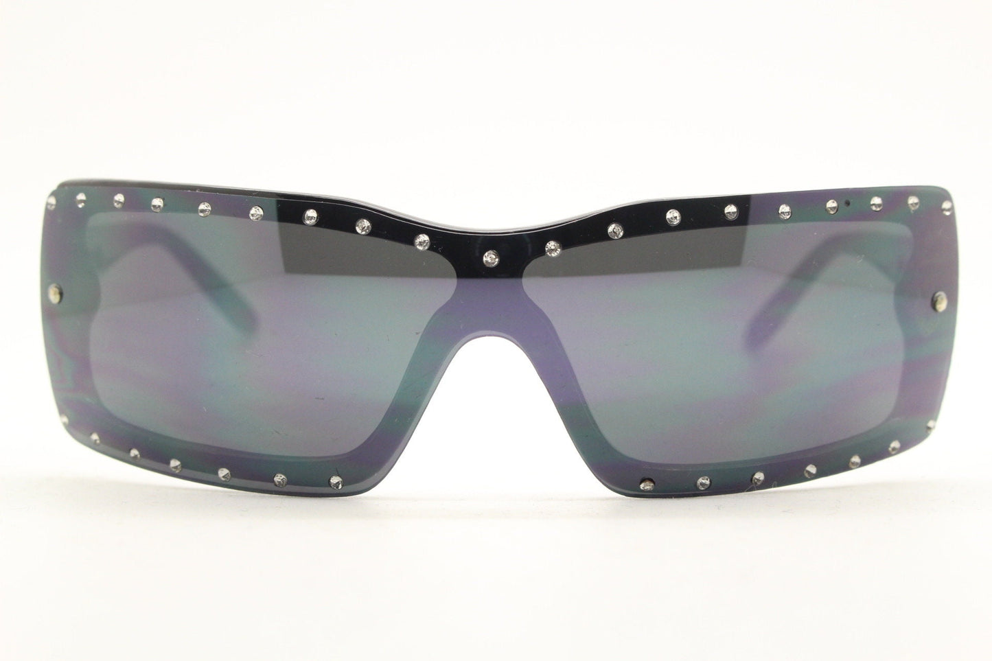 Y2K vintage shield sunglasses with diamante. Black wrap around mini mask style with curved mono lens. 2000s unused NOS. Visor