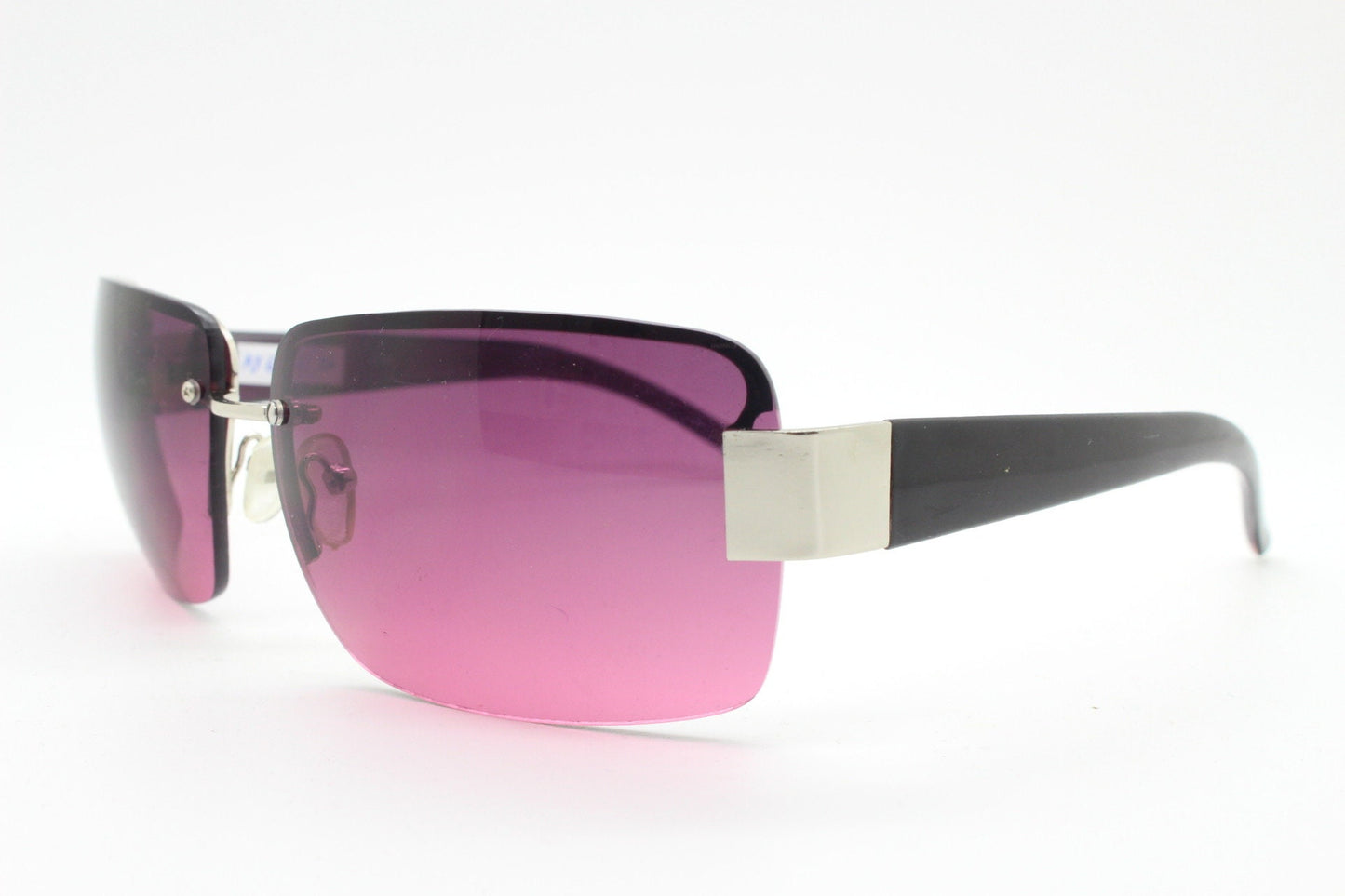 Y2K vintage big rectangle visor sunglasses. Half frame 2000's chrome trim wrap around with lethal purple curved lenses. 00's