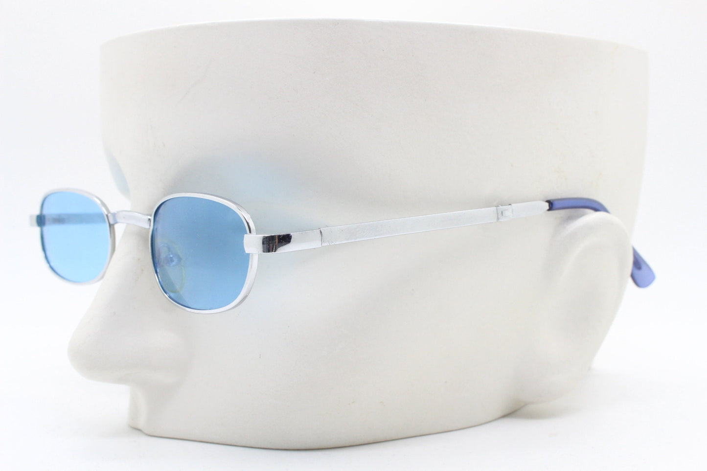 90s micro foldable oval sunglasses. Sky blue lenses in a small silver folding compact frame. Folder. Rave 2000s. Y2K. NOS