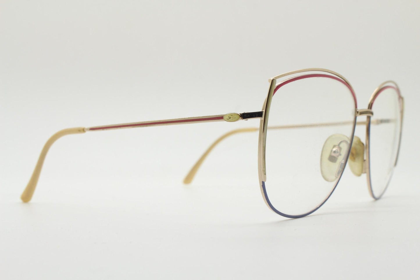 80s vintage gold metal eye glasses made in Italy by Annabella. Inventive double brow with pink highlights. Optical frame. Prescription NOS