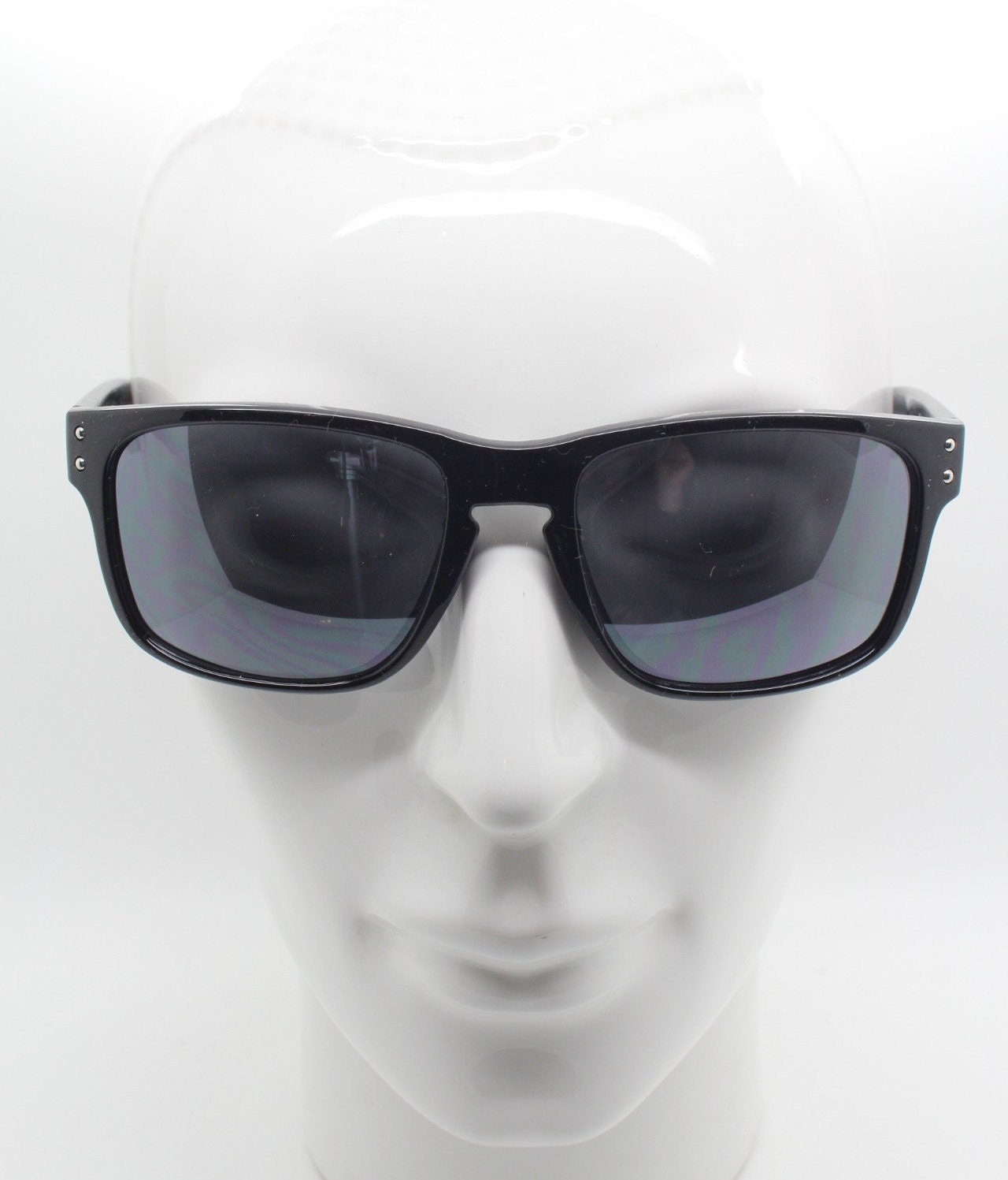 Y2K vintage rectangular sunglasses. Large curved mens black gloss frame with dark grey lenses. NOS