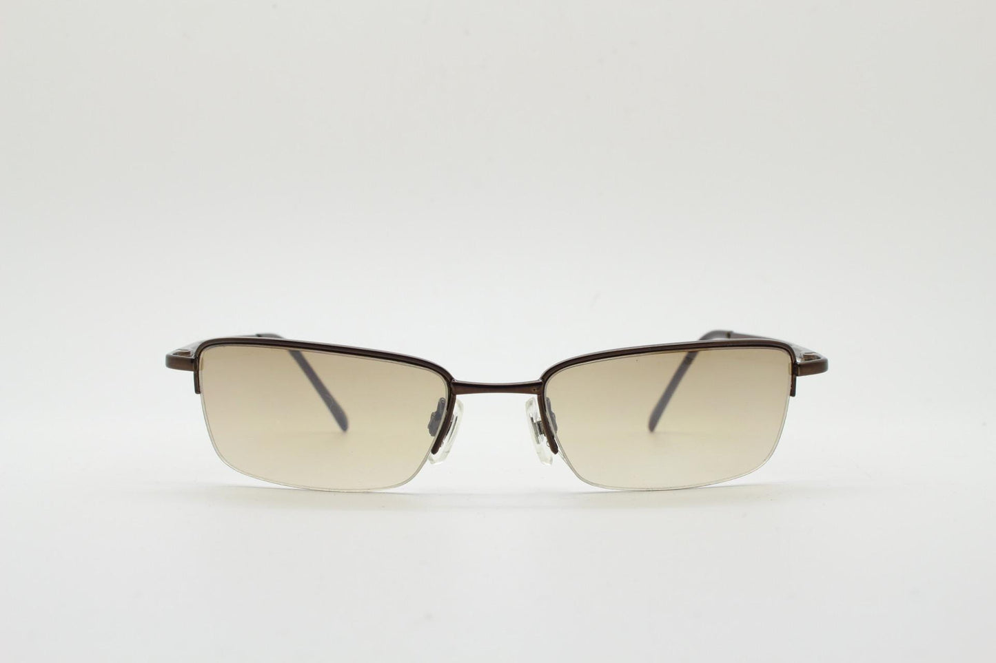 90s vintage small rectangular sunglasses. Minimal solid metal brown chrome half frame with light tone lenses. 2000's. Y2K. NOS. BNWT