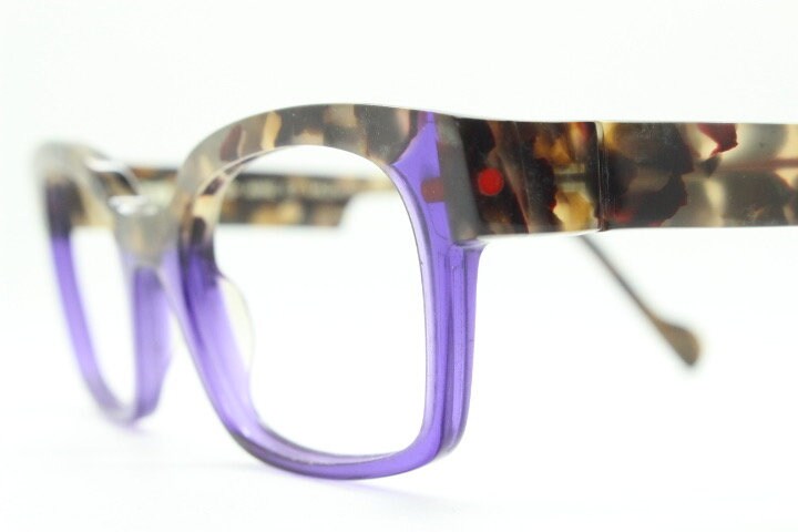 Anne et Valentin rectangular eye glasses made in France model 1330. Marbled tortoise acetate optical frame with purple tone. Prescription RX