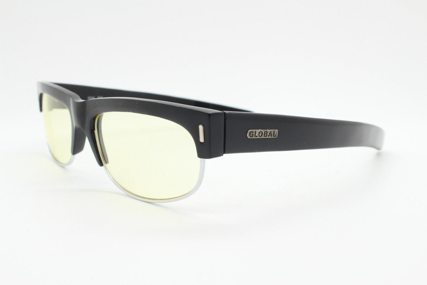 90s vintage half frame glasses. Black gloss low profile flat top design with straight arms and clear lenses. Unused NOS