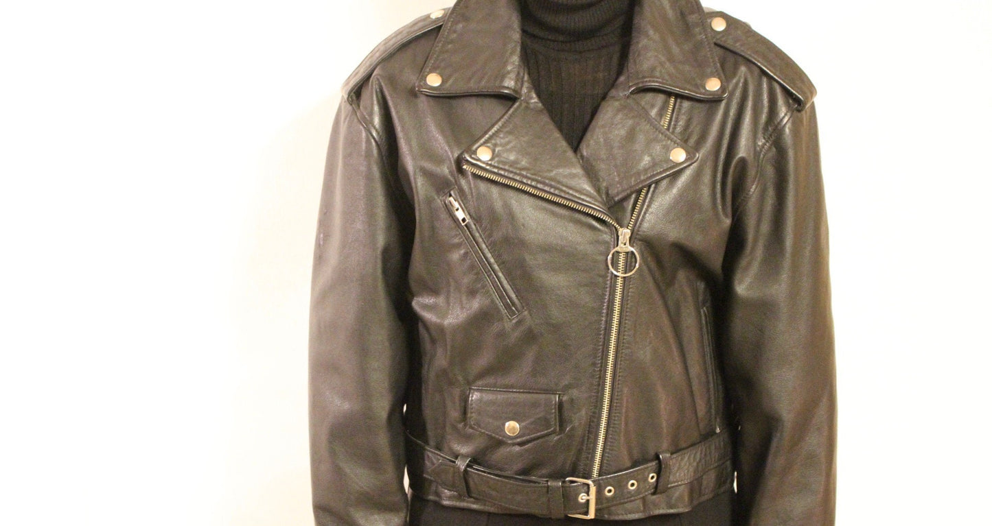 80s Vintage black motorcycle jacket with hand painted Frankenstein. Genuine leather biker with unique one off Boris Karloff design