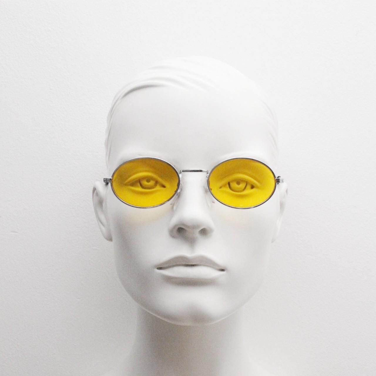 90s vintage small oval sunglasses. Minimal slender silver chrome metal frame with blazing orange lenses. Micro. Steampunk. Cosplay. NOS