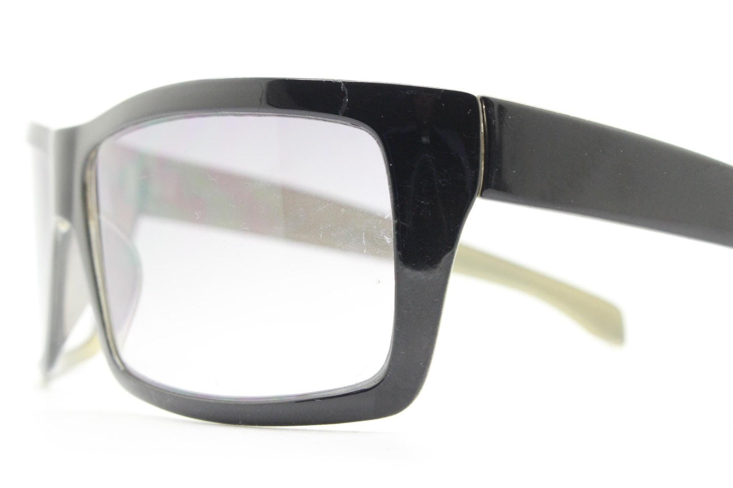 Y2k vintage wrap around large rectangular sunglasses. Curved black gloss frame with tasteful graduating lenses. 2000's NOS