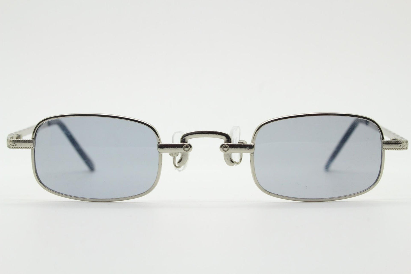 90s vintage small rectangular sunglasses. Imposing minimal silver victorian style frame with grey lenses. Steampunk. Unused NOS