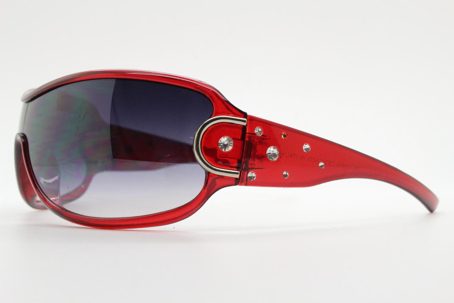 Y2K vintage visor sunglasses. Red massive mask mono lens wrap around with diamantes. Ghetto fabulous bling shield. 2000s NOS. Rhinestone