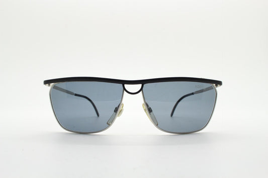 Fiorucci 90s vintage refined rectangular sunglasses. Minimalistic 2 tone matt black and silver satin finish frame with angular lenses. NOS