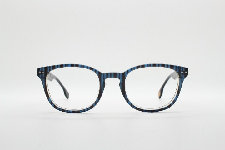 Boss Orange vintage wayfarer shape eye glasses. Black and navy striped optical frames with keyhole bridge. Prescription eyeglasses. RX Hugo