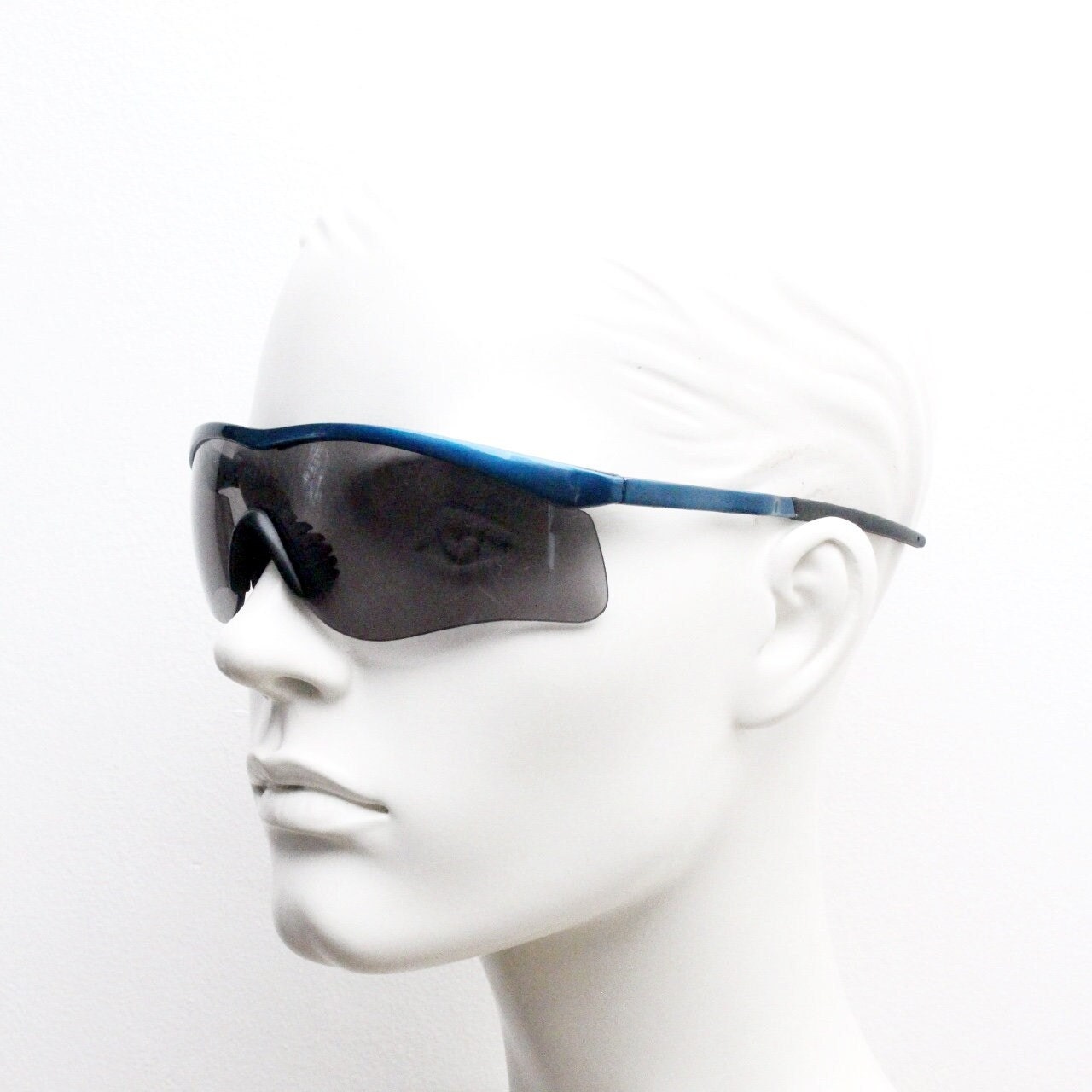 2000s vintage visor sports shield sunglasses. Blue brow line half frame with grey wraparound mono lens. Mini mask. BNWT. Y2K cycling . NOS