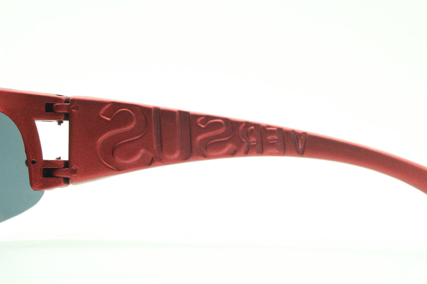 90s vintage visor sunglasses. Red matt metallic curved half frame wrap around sports shield with dark lenses. Mini mask. 2000's. Y2K NOS
