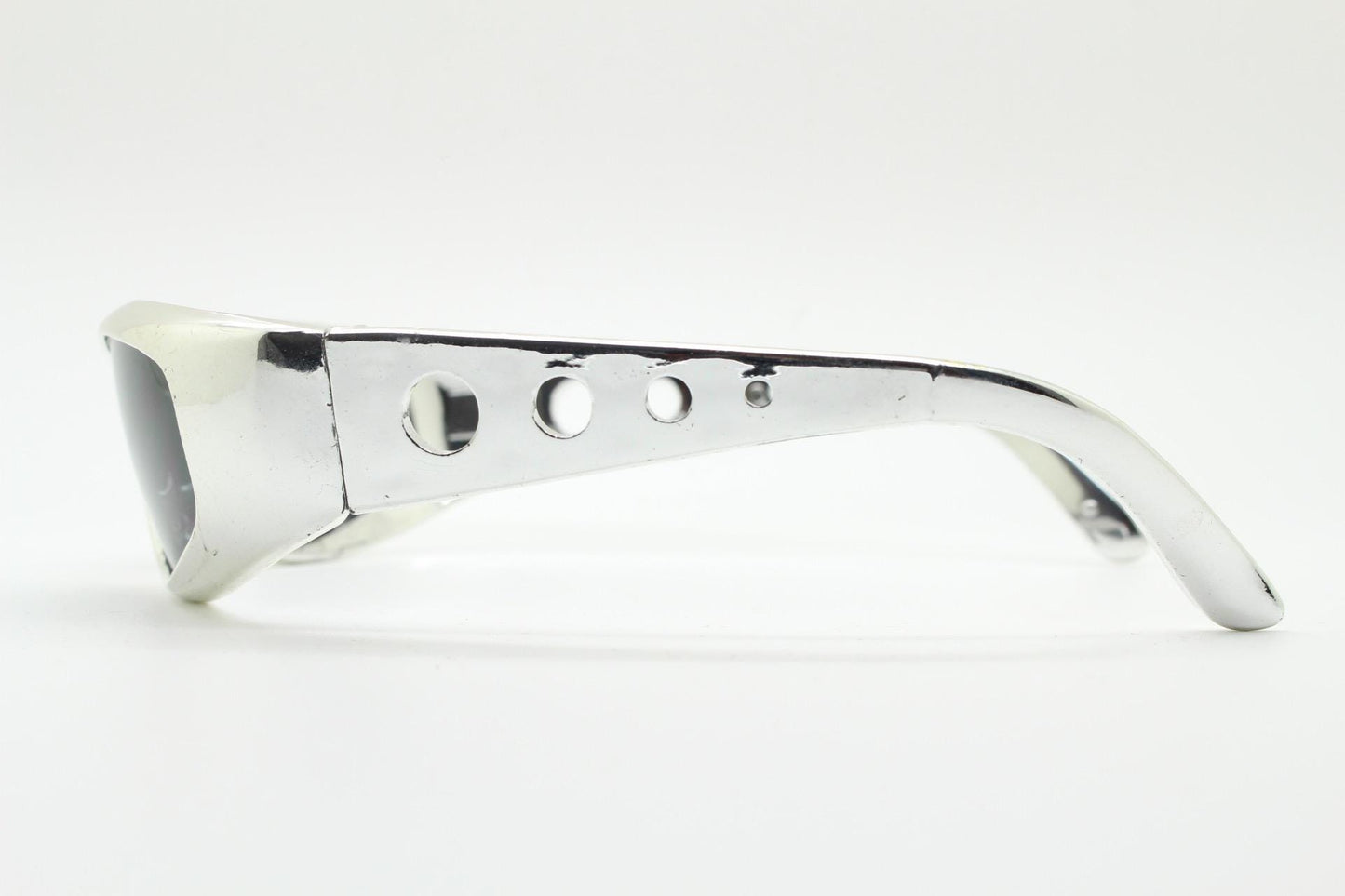 90s vintage visor sunglasses. Hyper real metallic silver superhero style mini mask sport shield with black lenses. Wrap around. NOS cosplay