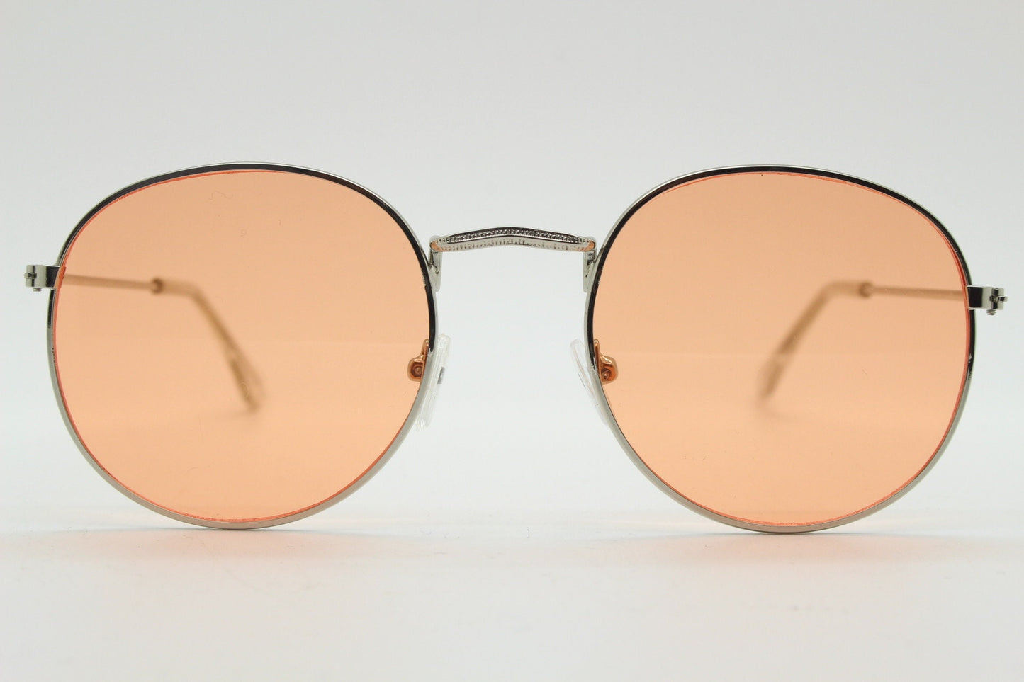 90s vintage round metal sunglasses, 60s style silver frame with blazing orange lenses. Unused. BNWT. Panto