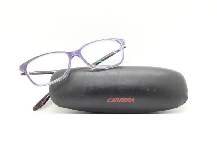 Carrera rectangular cat eye glasses. Deep purple layered acetate small cateye optical frames. Prescription eyeglasses. Vintage RX spectacles