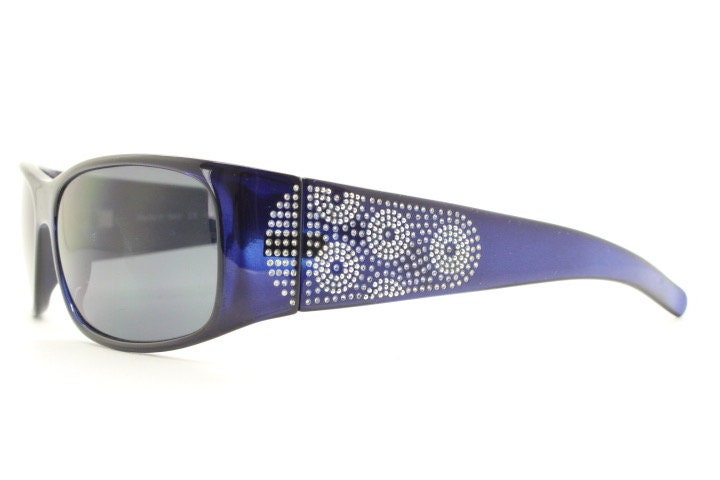 Assoluto 90s vintage wrap around rhinestone shield sunglasses made in Italy. Deep blue acetate frame with dazzling diamante circles. NOS
