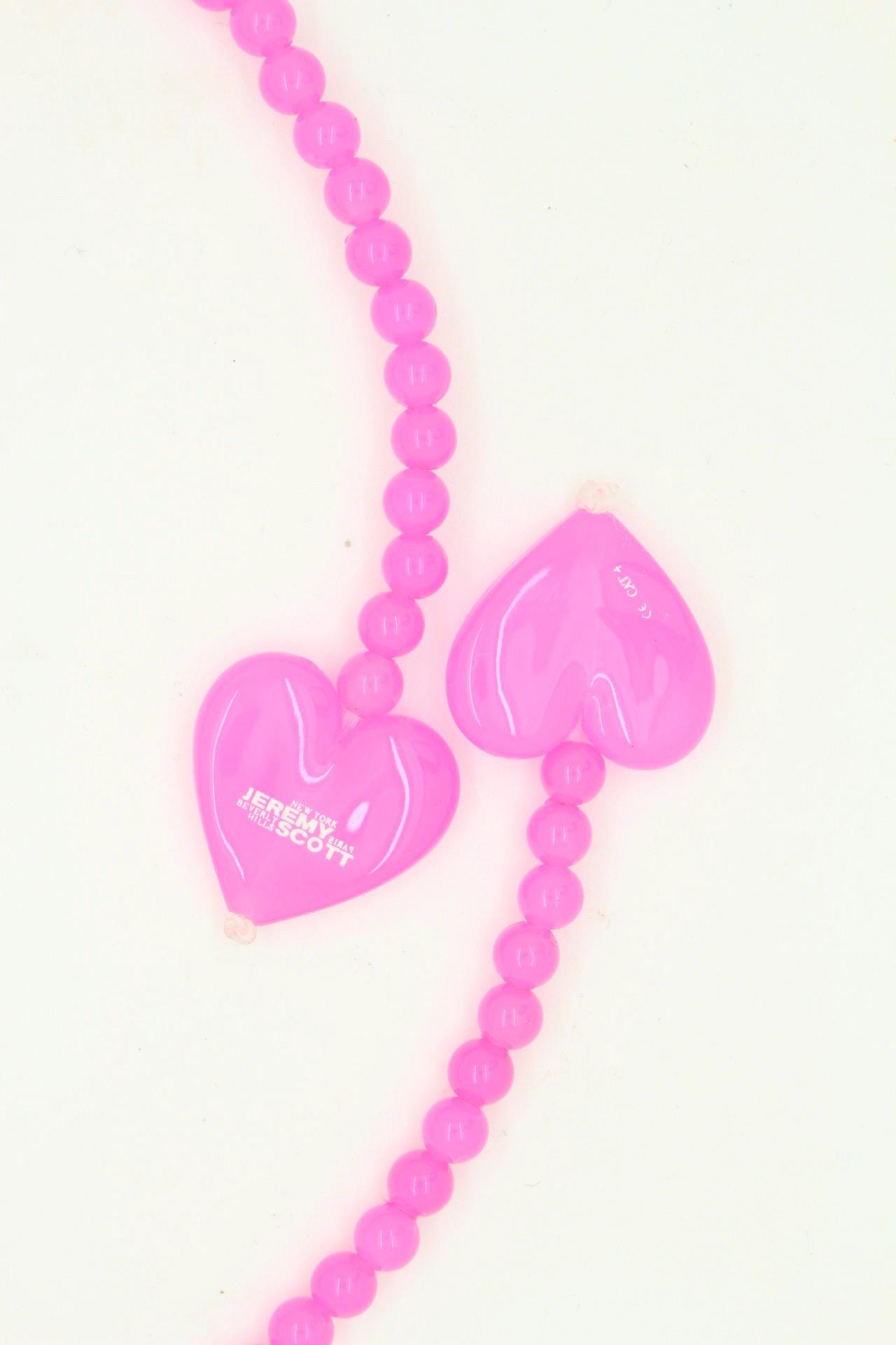 Jeremy Scott heart sunglasses made by Linda Farrow. Candy pink frame with awesome bead chain arms. Collectors grail. Vintage. NOS Full set