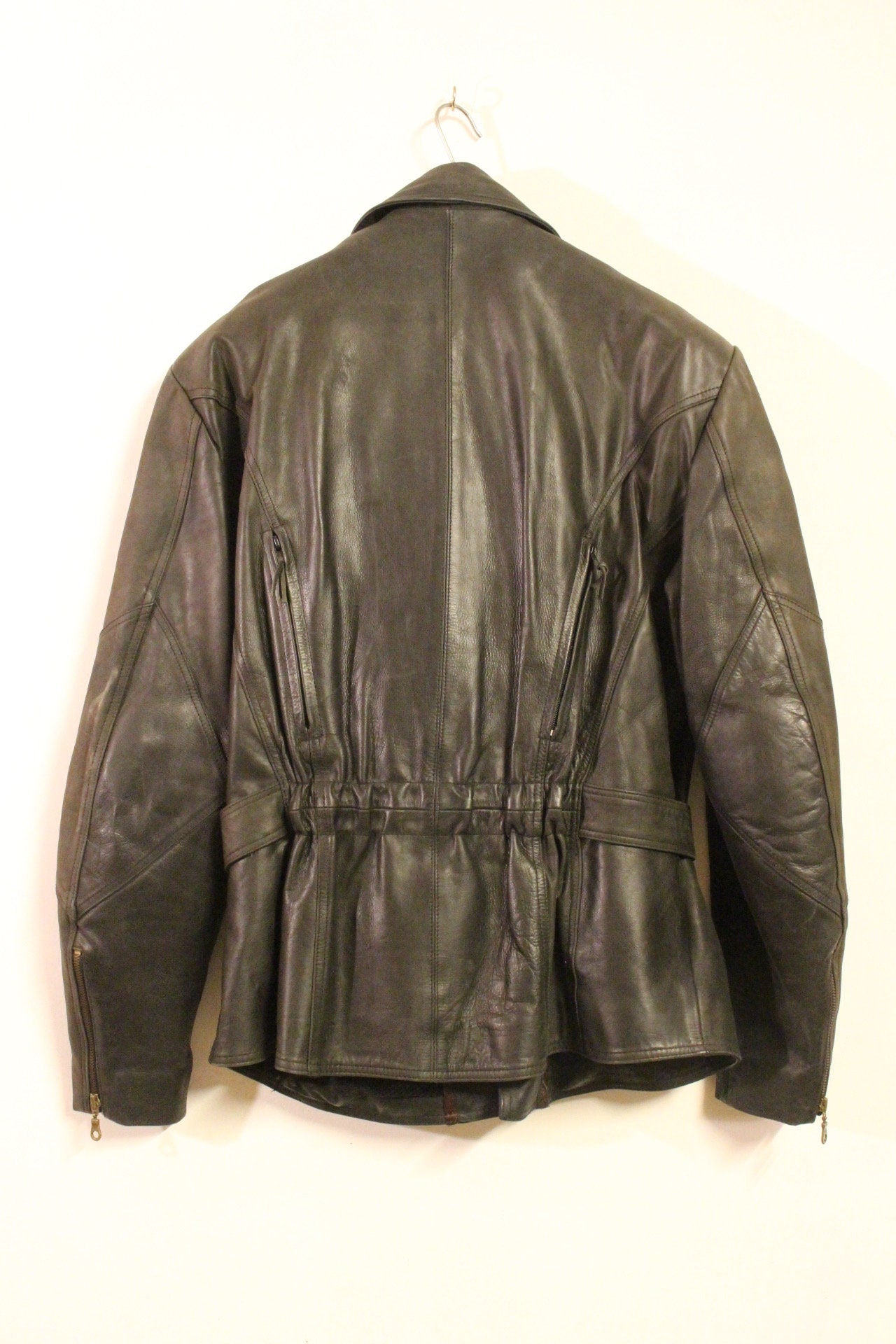 Vintage 80s motorcycle jacket. Gunmetal grey real leather biker. 40s design with back padding and vents. BNWOT