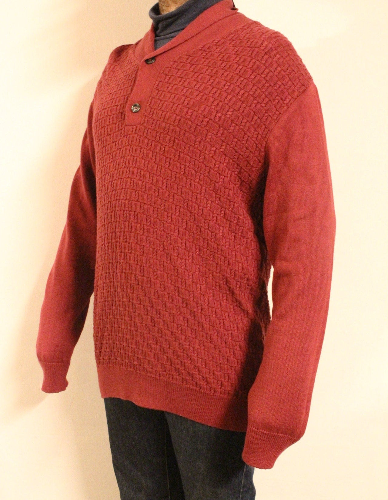 Gabicci vintage waffle knit pullover jumper with small buttoned shawl collar. Mens red sweater. Size XL. NOS clearance item -rrp 80 GBP