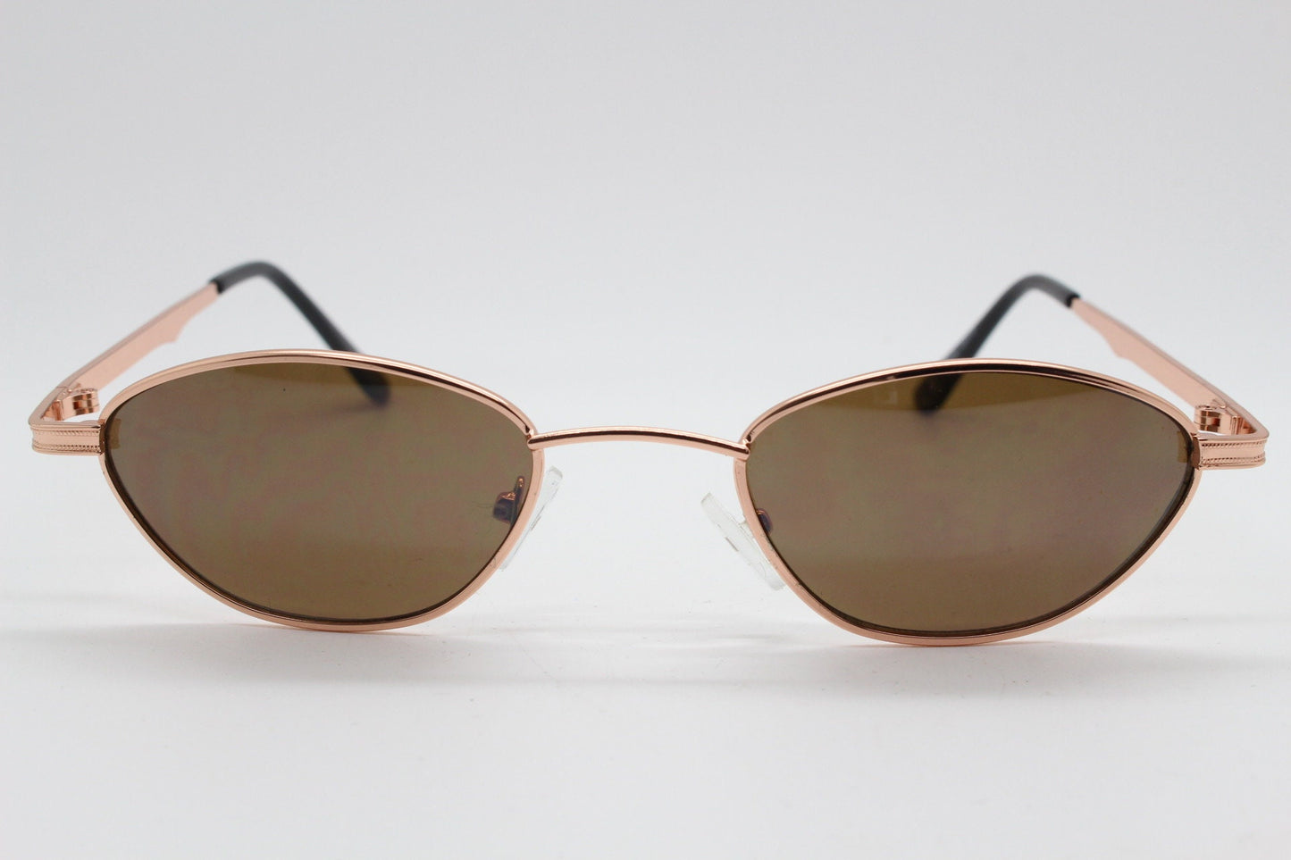 90s vintage low profile angular sunglasses. Minimal small rose gold metal frame with brown lenses, Unused. BNWT