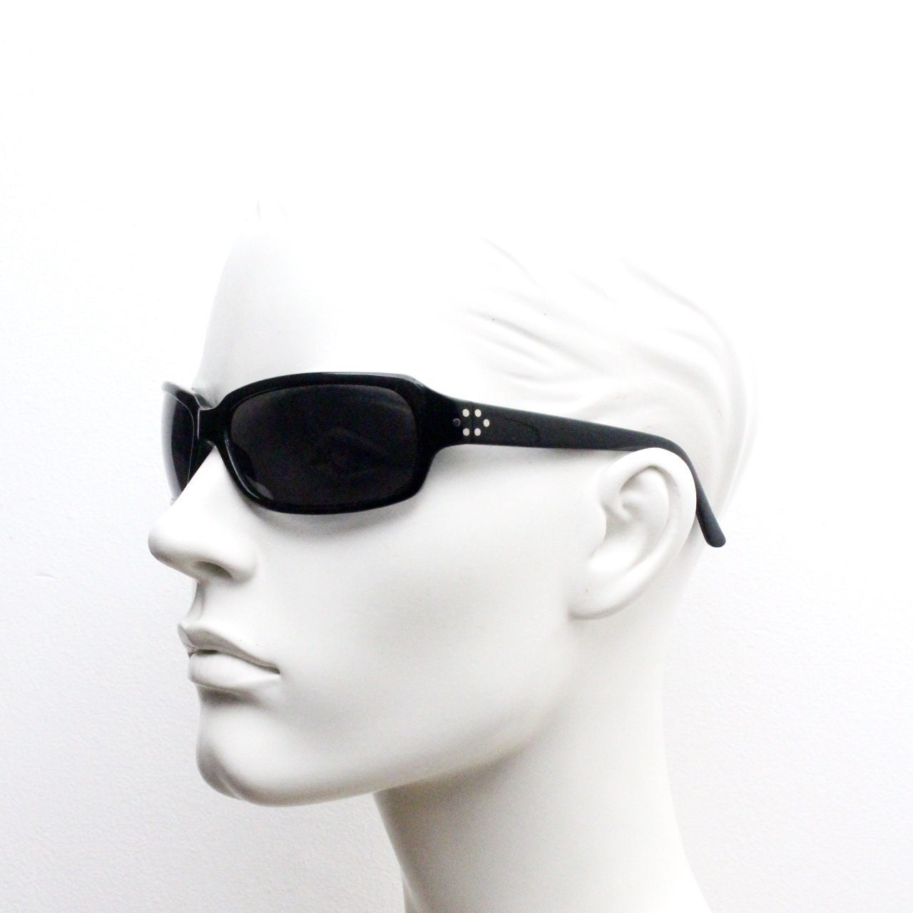 Y2K vintage wrap around sunglasses. Plain black gloss aerodynamic shield. Mini mask visor. 2000's. 90s. Unused NOS