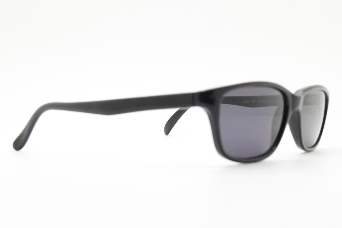 Vintage 90s slim rectangular modified wayfarer design sunglasses made in Italy. All black gloss low profile acetate frame. Unused NOS