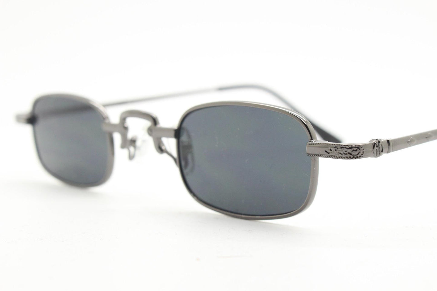 90s vintage small rectangular sunglasses. Imposing minimal gunmetal grey victorian style frame with black lenses. Steampunk. Unused NOS