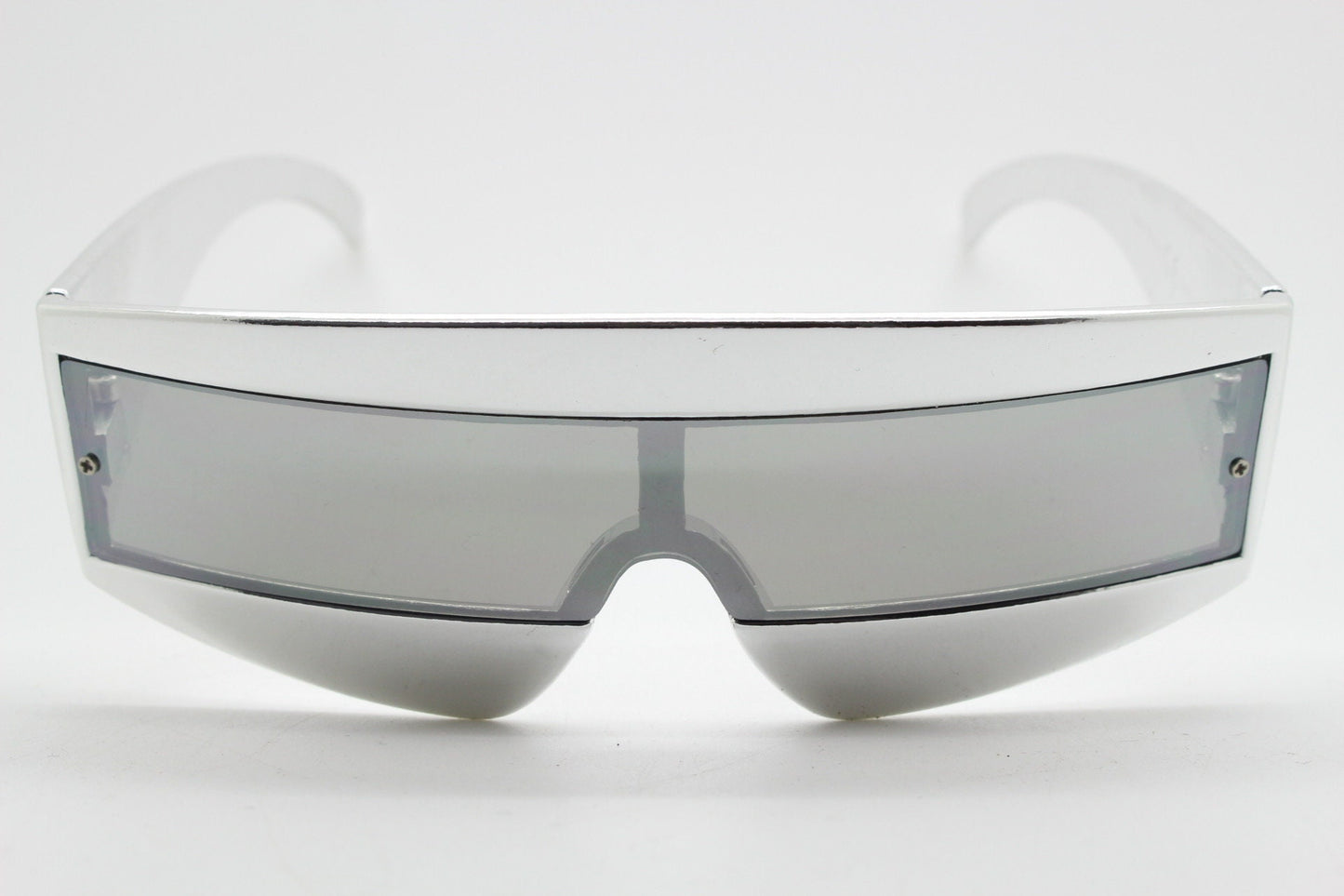 Y2K vintage square visor sunglasses. All silver 80s style robot shield design mirror mono lens with full height arms. 2000s mask. NOS BNWT