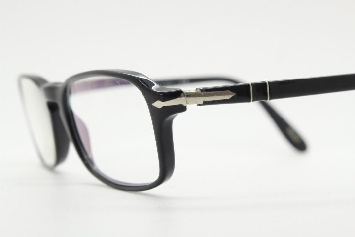 Persol rectangular eye glasses hand made in Italy. Black gloss acetate optical frame with keyhole bridge. Prescription eyeglasses. Vintage